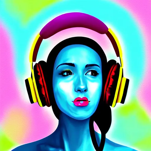 Prompt: a woman with headphones on, digital painting masterpiece, by the artist rockin jelly bean