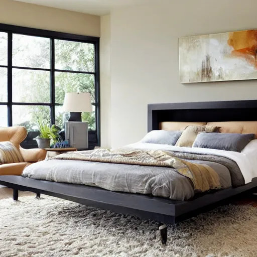 Prompt: award-winning catalog photo modern headboard in the shape of a fireplace mantel master bedroom