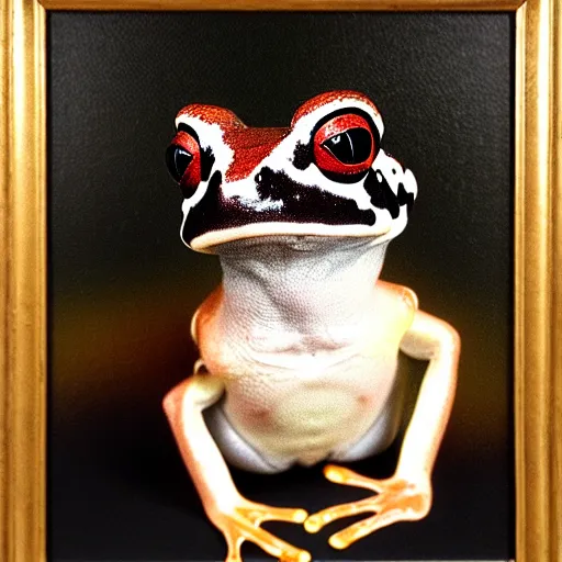 Prompt: portrait of mr. amazon milk frog looking off camera wearing a black suit jacket, tan vest, and white ascot, an american romanticism painting, a portrait painting, cgsociety, soft focus, oil on canvas