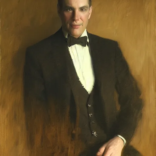 Image similar to detailed portrait of man in black suit and black coat, spring light, painting by gaston bussiere, craig mullins, j. c. leyendecker