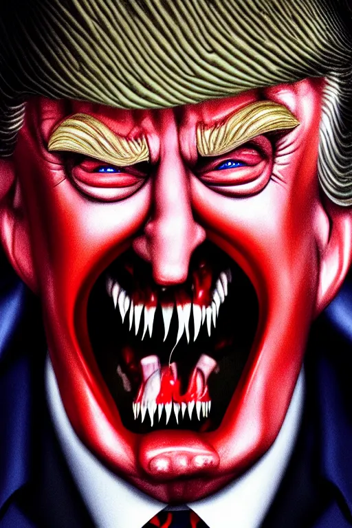 Image similar to donald trump dracula, fangs, character portrait, close up, concept art, intricate details, hyper realistic, in the style of otto dix and h. r giger