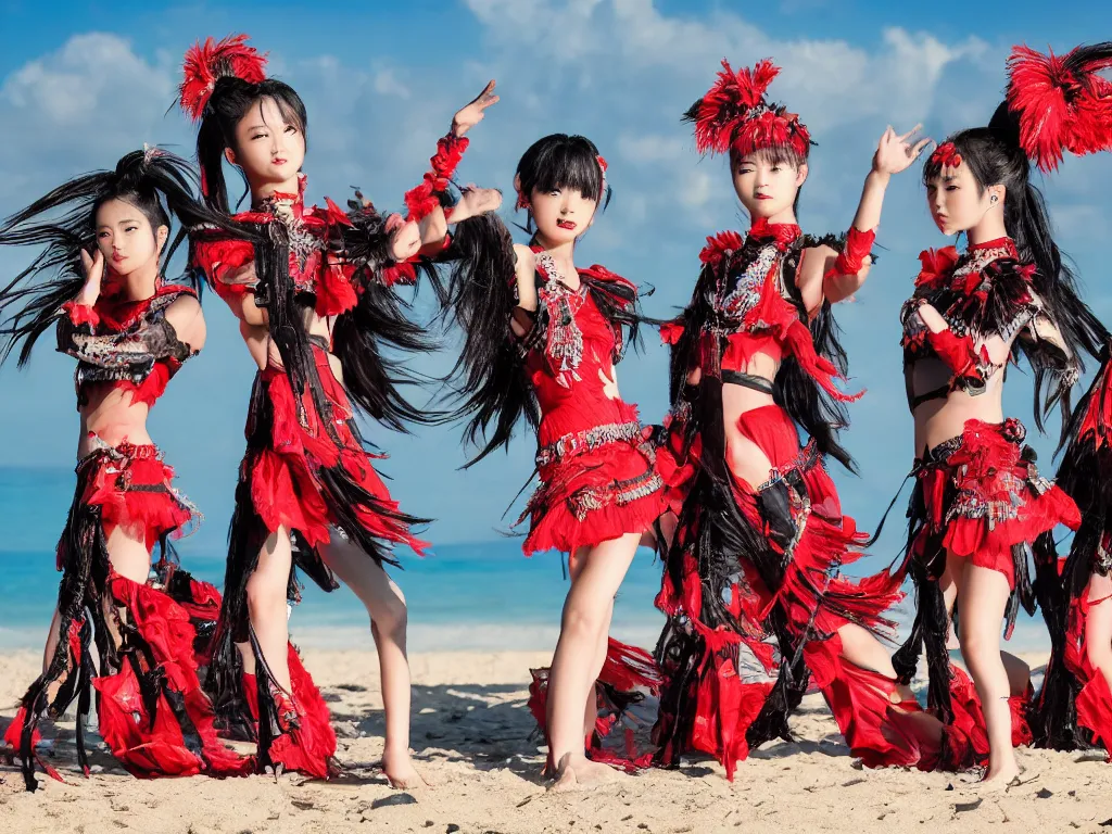 Image similar to babymetal 3 beautiful members performing on a tropical beach beautiful scenery, highly detail face, dynamic pose, High Definition detail, 8K, photography