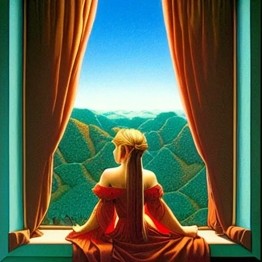 Prompt: a beautiful princess pensively looking out the window, painting by jeffrey smith and tim hildebrandt