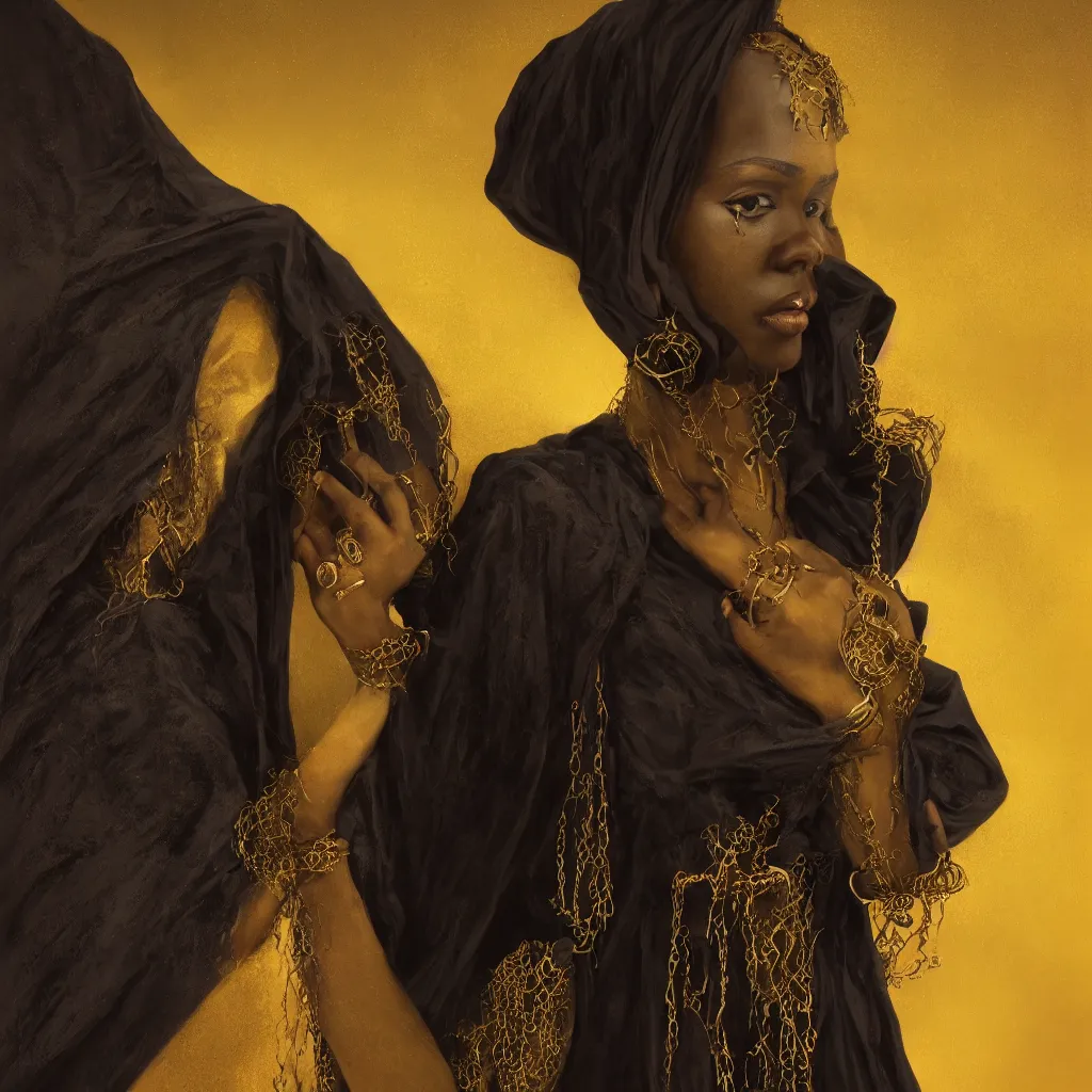 Image similar to a portrait of a young black woman wearing a long dark cloak, hood and shadows covering face, holding golden jewelry, oil painting, matte painting, black background, Volumetric Golden dappled dynamic lighting, Highly Detailed, Cinematic Lighting, Unreal Engine, 8k, HD, by Beksinski