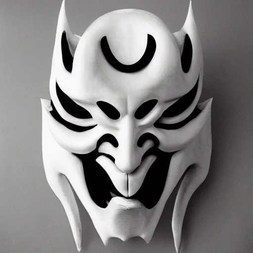 Image similar to Japanese demon mask designed by Rick Owens, 35mm film, photograph