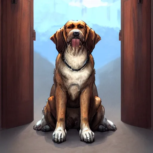 Prompt: big friendly dog with drool on face staying on bottom legs in full height near closed doors with big gate value, concept art, trending on artstation, highly detailed, intricate, sharp focus, digital art, 8 k