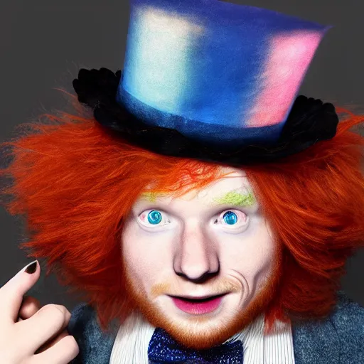Image similar to ed sheeran as the mad hatter, ed sheeran in mad hatter attire and makeup, trending on artstation, photorealistic, 4 k, 8 k