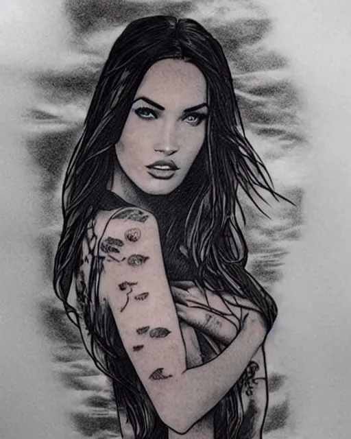 Image similar to amazing double exposure effect tattoo design sketch of megan fox with beautiful mountains, realism tattoo, in the style of andrey lukovnikov, amazing detail, sharp