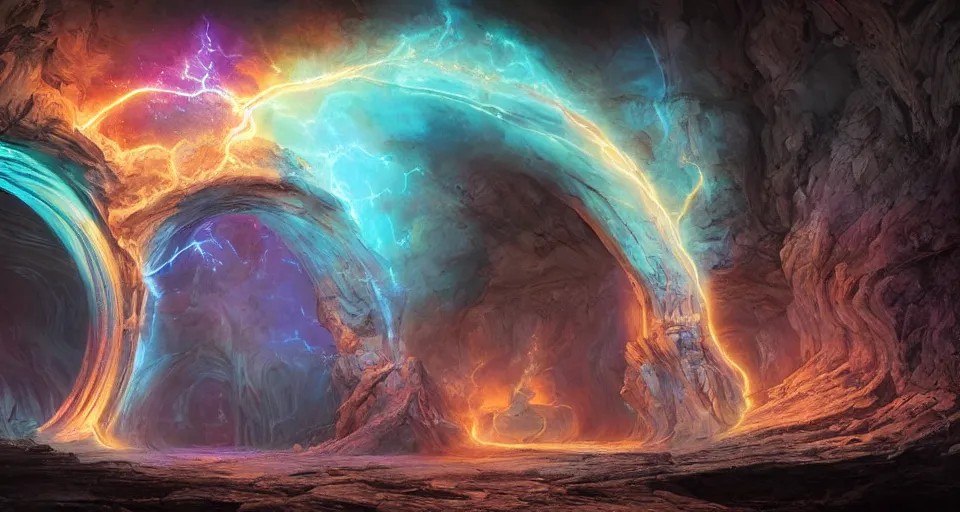 Prompt: beautiful detailed digital matte painting of a massive stone arched glowing electric nebula portal with magic pouring from it, by Greg Rutkowsi and Gal Barkan and Robert Hubert and Justin Gerard, rippling magic, carved stone, intricate detail, gothic, romanesque, futuristic, dark rainbow