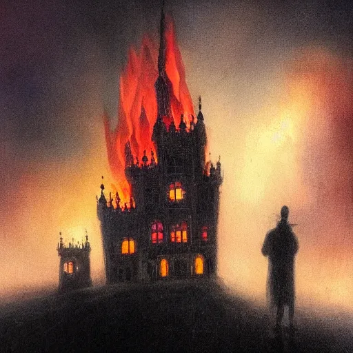 Image similar to A burning building on a foggy night with figures standing in the fog, gothic art, color, detailed