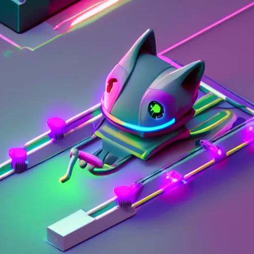 Image similar to Isometric Kitty Bot, 3D character realistic, very colorful, cinematic lighting, soft neon, octane render, trending on Artstation