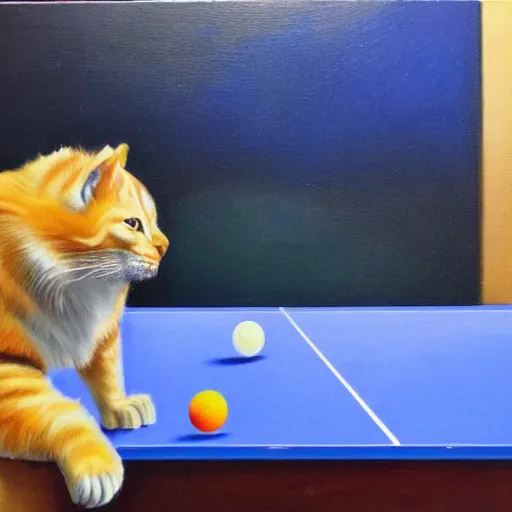 Image similar to Dos gatos chugant al ping pong sobre un fondo carbaza, oil painting