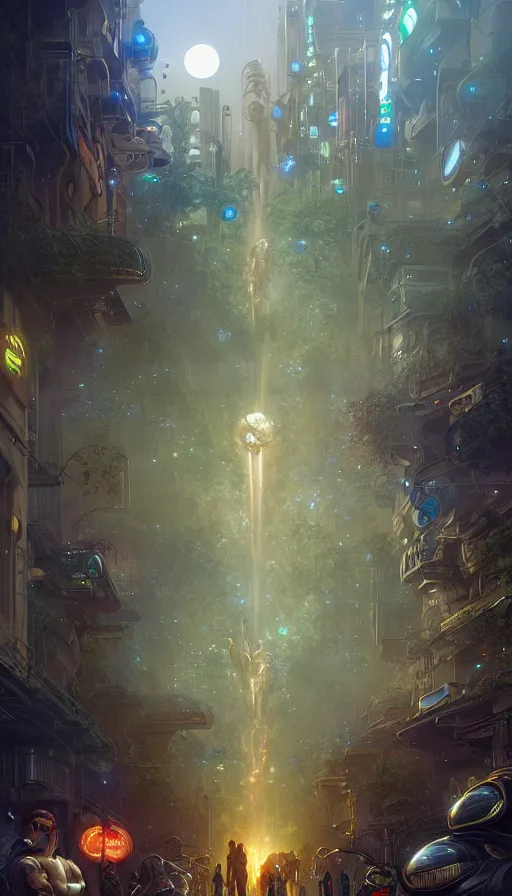 Image similar to hyper realistic aliens battling a golden goddess in a cyberpunk city, crowded market street overtaken by lush plants, kittens, full moon, light rays, gnarly trees by tom bagshaw, mucha, gaston bussiere, craig mullins, j. c. leyendecker 8 k