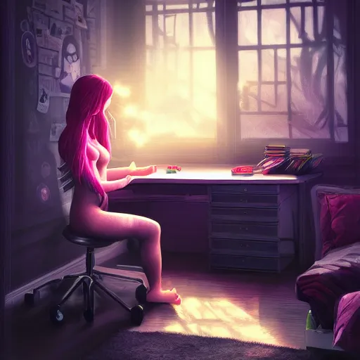 Prompt: prompt : gamer girl, bedroom desk, site - specific art, moody lighting, volumetric light, ray tracing global illumination, insanely detailed and intricate, hypermaximalist, elegant, ornate, hyper realistic, super detailed, artstation, by yaoy kusama