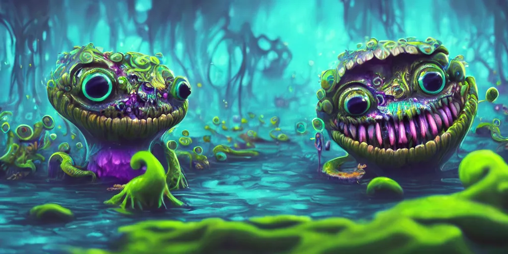 Prompt: of an intricate murky colorful lagoon with strange cute friendly happy creatures with huge eyes long tongue round teeth and funny face appearing from the water, in the style of craola, macro lens, shallow depth of field, highly detailed, digital painting, trending artstation, concept art, illustration, cinematic lighting, vibrant colors, photorealism, epic, octane render