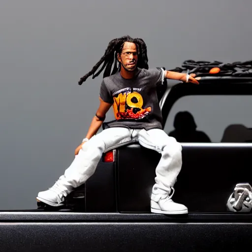 Image similar to travis scott action figure with dreads standing on top of a black rc pickup truck, close up studio photograph, white background