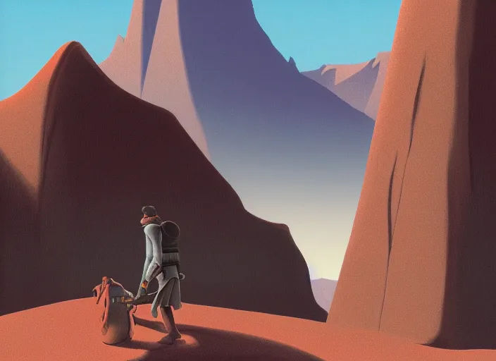 Prompt: the red traveler from the playstation video game journey standing in the desert with the great mountain in the background as illustrated by ralph mcquarrie