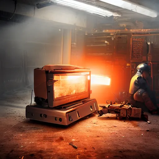 Image similar to cyborg toaster oven repairman, dark messy smoke - filled cluttered workshop, dark, dramatic lighting, orange tint, sparks, plasma rays, cinematic, highly detailed, sci - fi, futuristic, movie still, rule of thirds composition