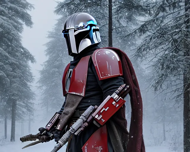 Prompt: a mandalorian with a red and grey helmet facing a long dark haired man, from side view close up, in a snowy forest setting, hard edges concept art, highly detailed, great cinematic lighting, 8 k, depth of field, 3 d, art by greg rutkowski, trending on artstation, cinematographic shot