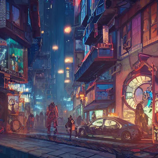 Image similar to Tlingit Maori cyberpunk city street scene by Greg Rutkowski, Alphonse Mucha, Anato Finnstark, and Studio Ghibli