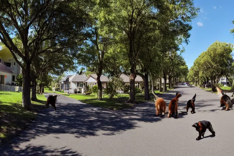 Prompt: a residential street in a suburb with dogs running directly towards the camera, wide shot