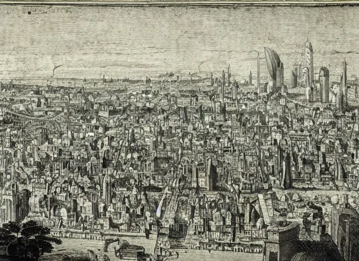 Image similar to detail from Hollar’s Panoramic view of a futuristic city, 1647