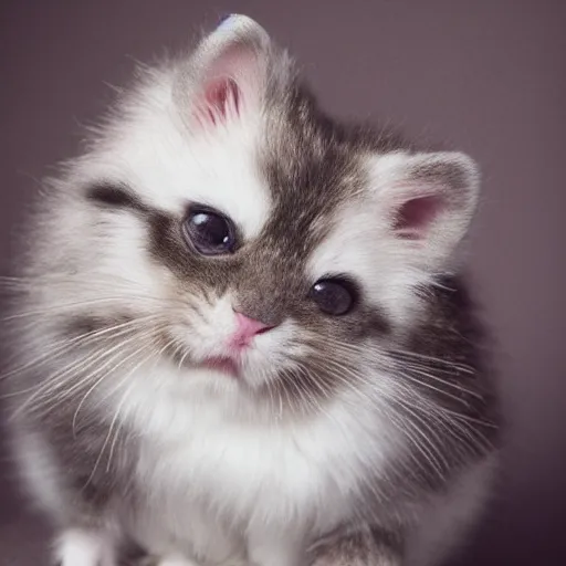 Image similar to fluffy miniature feline cat hamster portrait, aesthetic highly detailed soft fur and paws, professionally shot photorealistic 8k photograph, 35mm Canon EOS R3, rendered in octane, by Natalie Große and Jason Allison