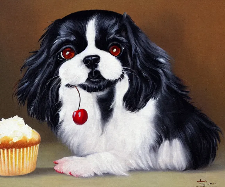 Prompt: white and black japanese chin dog eating cherry muffins, oil painting