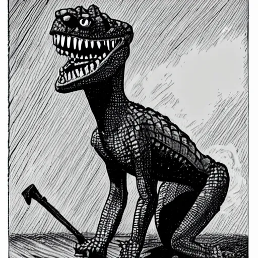 Prompt: scp - 6 8 2 : hard - to - destroy reptile wearing a french maid outfit, by ray harryhausen