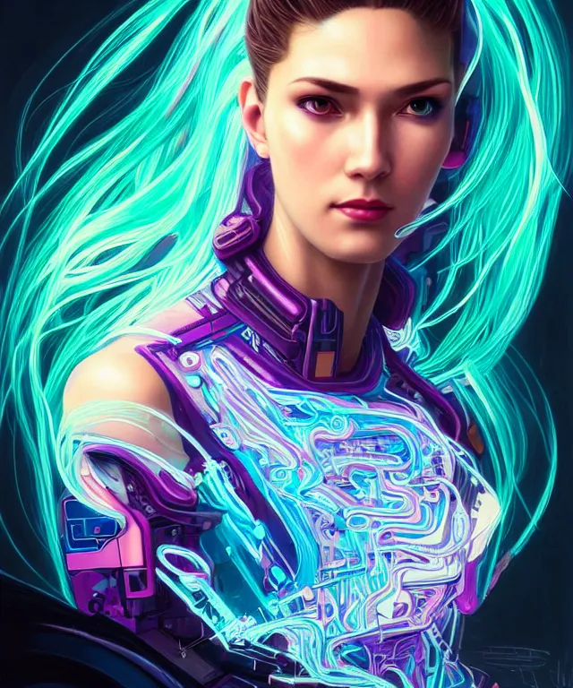 Image similar to beautiful adult woman wearing netrunner clothing, extremely detailed face, cyberpunk, cybernetic, cyborg, vaporwave aesthetic, synthwave, flowing hair, colorful, psychedelic, intricate, elegant, highly detailed, digital painting, artstation, concept art, smooth, sharp focus, illustration, art by artgerm and greg rutkowski and alphonse mucha