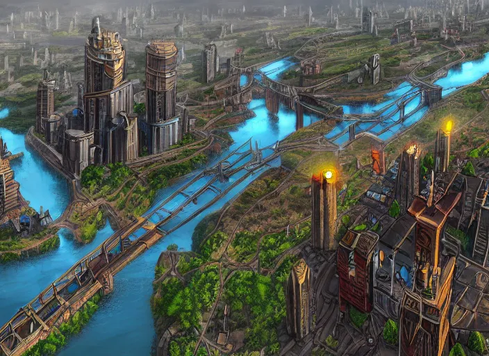 Prompt: wide shot, establishing shot of a modern day dungeons and dragons city with a river, trending on artstation, digital art, 4 k, 8 k