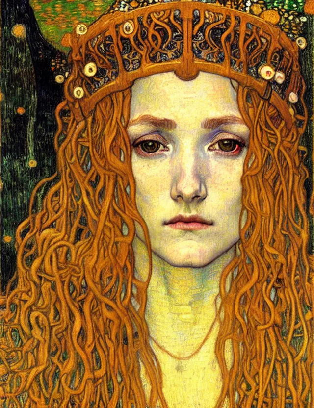 Image similar to detailed realistic beautiful young medieval queen face portrait by jean delville, gustav klimt and vincent van gogh, art nouveau, symbolist, visionary, gothic, pre - raphaelite, muted earthy colors, desaturated