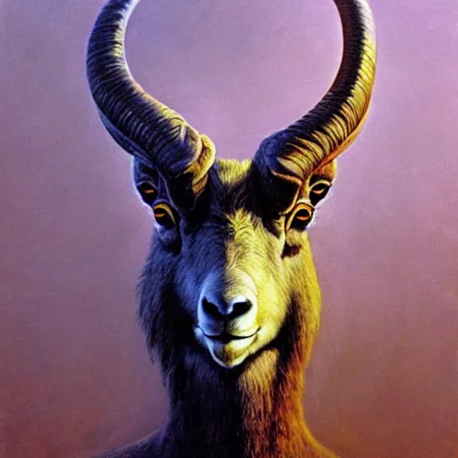 Image similar to Angry Yellow Bighorn Sheep portrait, dark fantasy, blue, artstation painted by Zdzisław Beksiński and Wayne Barlowe