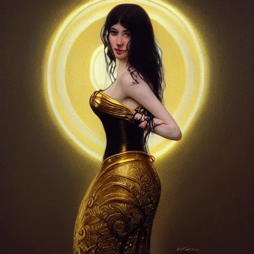 Image similar to portrait of a smiling, beautiful, pale skin eastern european female with long black hair, dark brown eyes, elegant clothing, photorealistic, highly detailed, artstation, smooth, sharp focus, gold ornaments, neon lighting, sci - fi, art by gustav klimt, artgerm, greg rutkowski and alphonse mucha