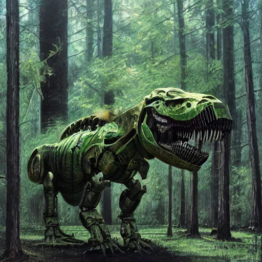 Prompt: An angry robotic hybrid of a T-Rex standing tall a lush green forest, machine parts exposed all over the T-Rex body, sci-fi concept art, highly detailed, oil on canvas by James Gurney