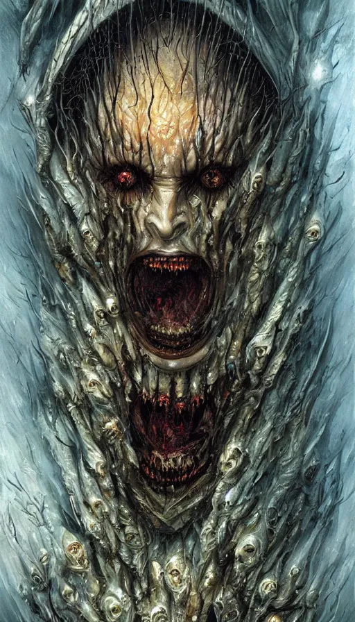 Image similar to a storm vortex made of many demonic eyes and teeth, by karol bak