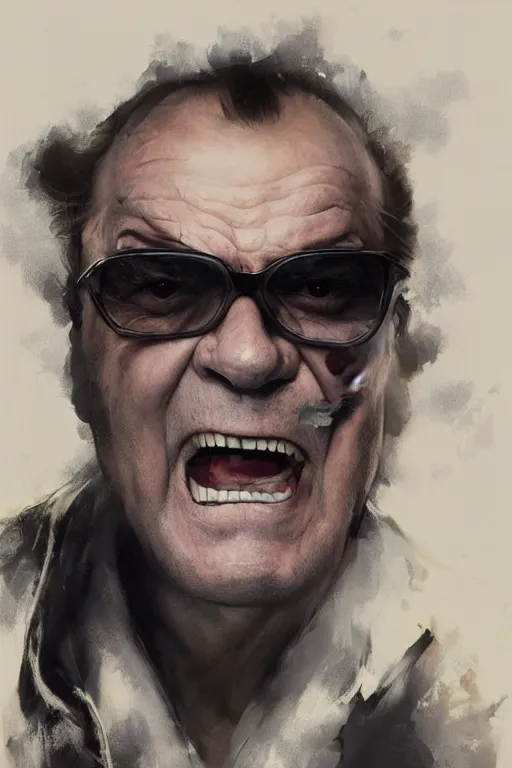 Prompt: a bottle of jack nicholson, jack nicholson is the bottle, in the bottle, by artgerm, ruan jia, greg rutkowski