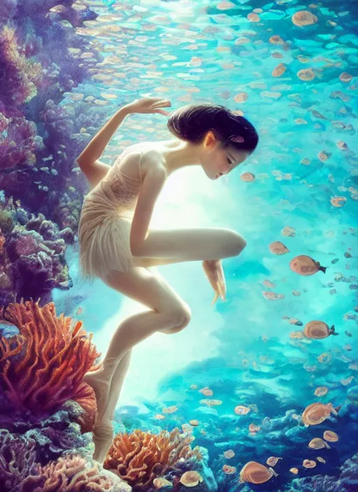 Image similar to stunningly beautiful, asian prima ballerina at the bottom of the great barrier reef, smooth, focus, highly detailed, hyper realistic, dramatic lighting, elegant, intricate, concept art, art by wlop, mars ravelo, greg rutowski