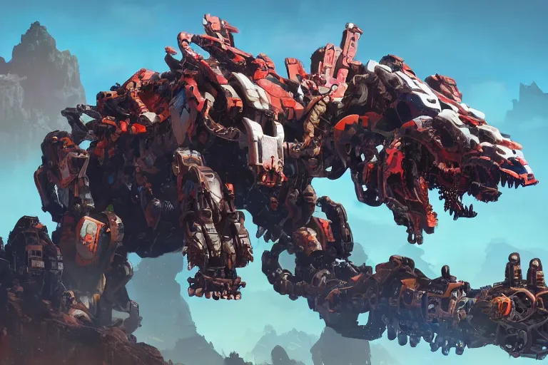 Image similar to behemoth machine mecha animal beast robot of horizon forbidden west horizon zero dawn bioluminiscence global illumination ray tracing hdr fanart arstation by sung choi and eric pfeiffer and gabriel garza and casper konefal