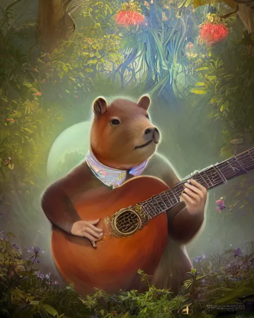 Image similar to Capybara playing Guitar in magical forest, portrait, magical notes, flowers, flower dress, fairy atmosphere, magic the gathering artwork, D&D, fantasy, cinematic lighting, centered, symmetrical, highly detailed, digital painting, artstation, concept art, smooth, sharp focus, illustration, volumetric lighting, epic Composition, 8k, art by Akihiko Yoshida and Greg Rutkowski and Craig Mullins, oil painting, cgsociety