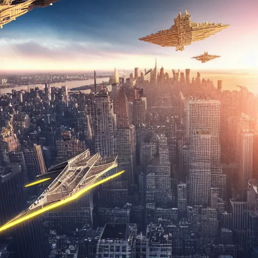 Image similar to 3 d point perspective, extreme long shot of the tip of an incommensurable imperial star destroyer hovering over the sky of new york city, tie fighters patrolling around, golden hour, deep depth of field, make all elements sharp, aerial view, 8 k, octane render, unreal 5, hyperrealistic, symmetrical, intricate digital art, photoshop, cgi art