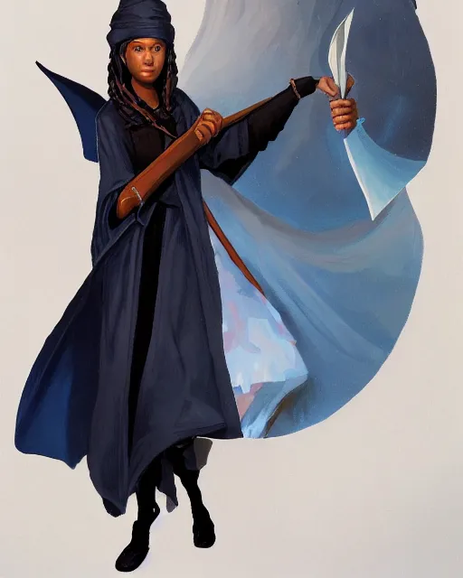 Image similar to a female dnd wizard's portrait by ray swanland and rhads, black, african, blue robes, papers and tomes