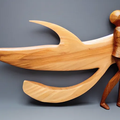 Prompt: wooden sculpture of a woman catching a salmon, polished maple, thoughtful, elegant, real