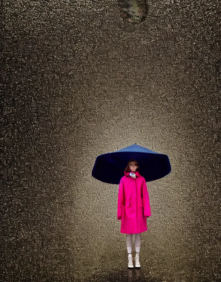 Image similar to close - up portrait of an empty slick fashionable zara raincoat floating suspended mid - air on a glittering wet rainy display designed by james turrell, wes anderson, lily frank, symmetry, rule of thirds