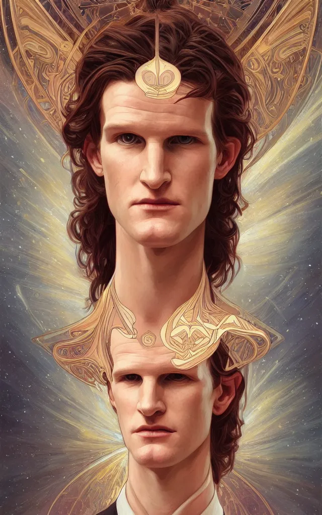 Image similar to symmetry portrait of matt smith, intricate, elegant, highly detailed, digital painting, artstation, concept art, smooth, sharp focus, illustration, art by artgerm and greg rutkowski and alphonse mucha