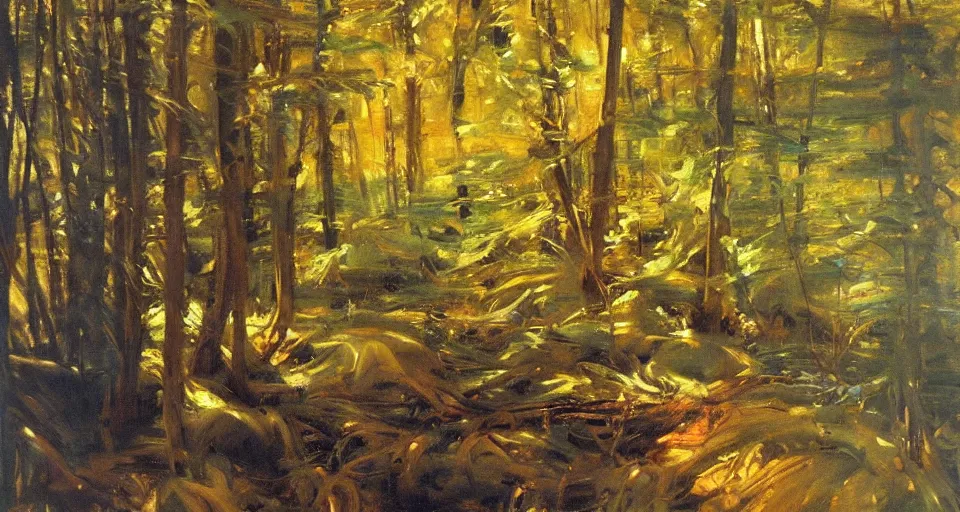 Image similar to dark forest, oil painting, vivid colors, brush strokes, elegant, highly detailed, by richard schmid and john singer sargent