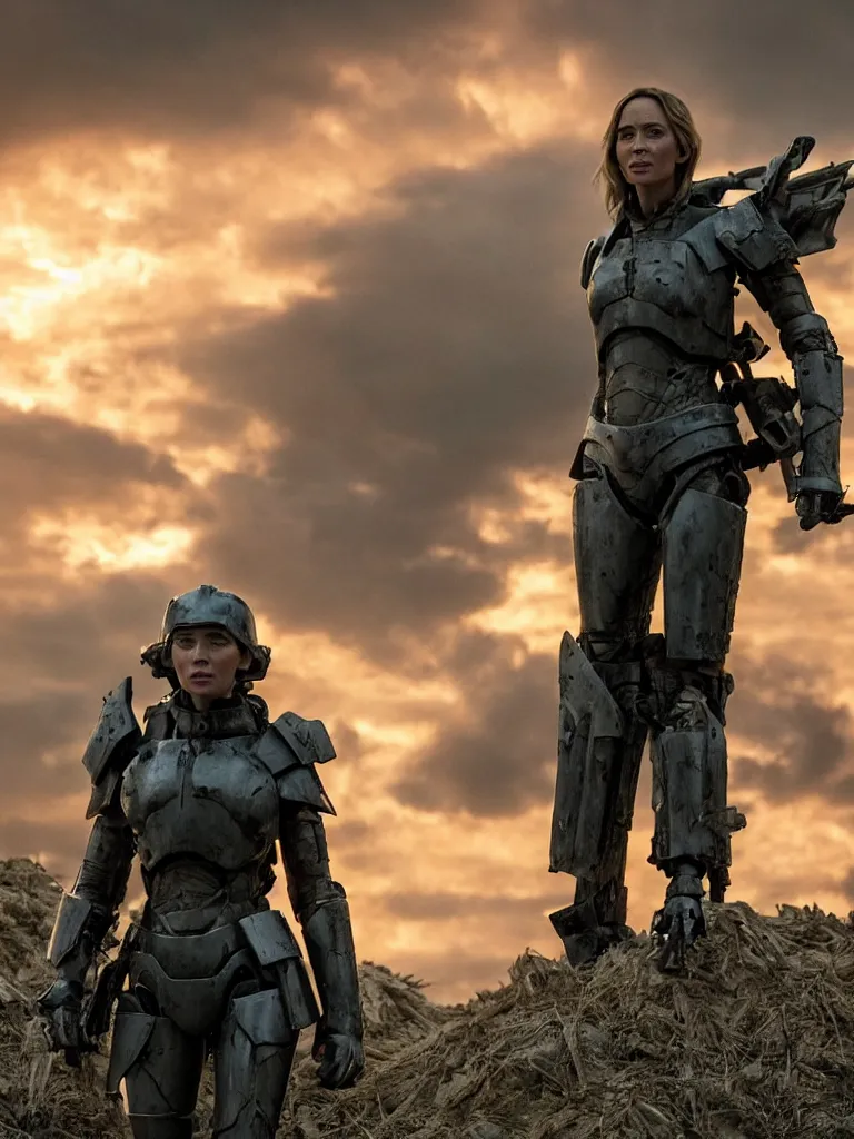 Image similar to emily blunt in futuristic power armor, alone, standing atop a hill, raising her sword, edge of tomorrow movie, angel of verdun, sunset