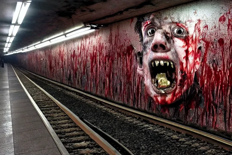 Image similar to very large giant mutant zombie irradiated angry rat sraying on railways in tonnel of moscow subway. extreme high detail, very realistic. low dark light, scary mood. hermann nitsch