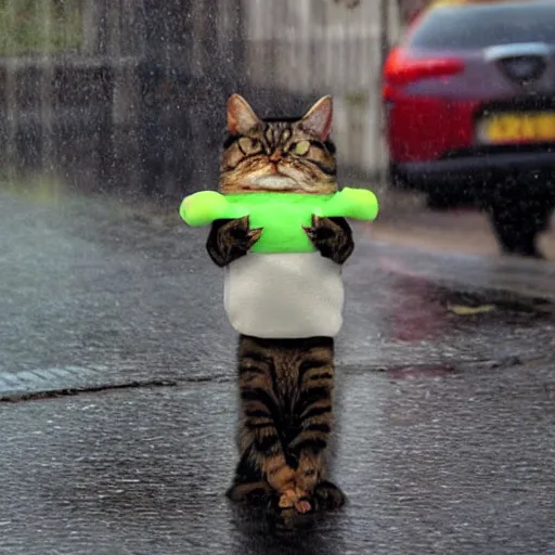 Prompt: a crying cat in the middle of a wet street while wearing a funny pickle costume, android photograph, meme picture