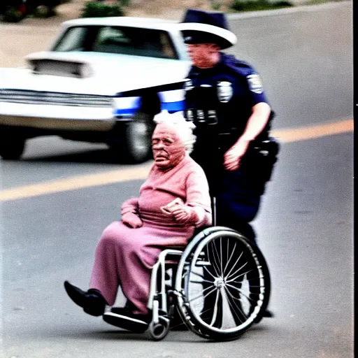 Image similar to Old woman in a wheelchair is chased by the police at very high speed. texas. colored photo. 1970.